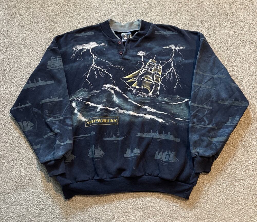 Vintage Art Unlimited Sweatshirt Mens Sz Large Blue Shipwrecks Graphic AOP